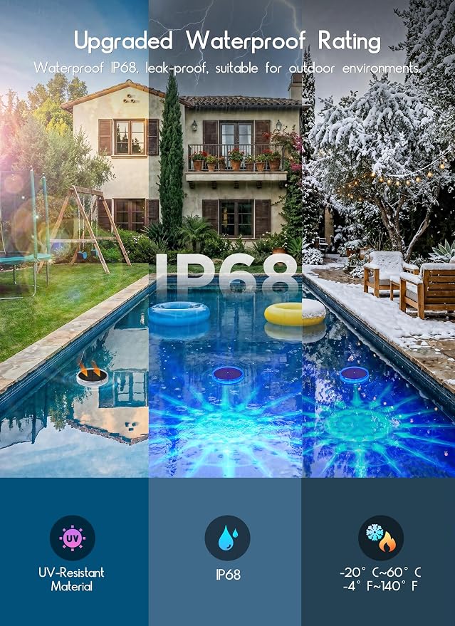 Solar Floating Pool Lights 1 Pack, Remote Control RGBWW 12 Lighting Modes | 3 Dimming & Timing IP68 Waterproof, Floating Solar Pool Lights for Above Ground Pools Inground Pool Accessories