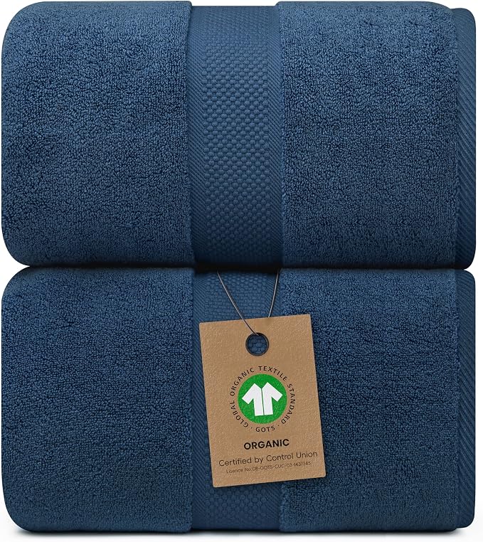 Alusa Home 100% Organic Luxury Bath Sheets - GOTS Certified - Extra Large 35x70 Inches (Pack of 2) Zero-Twist, Long-Staple Cotton Bath Sheet Set (Navy Blue)