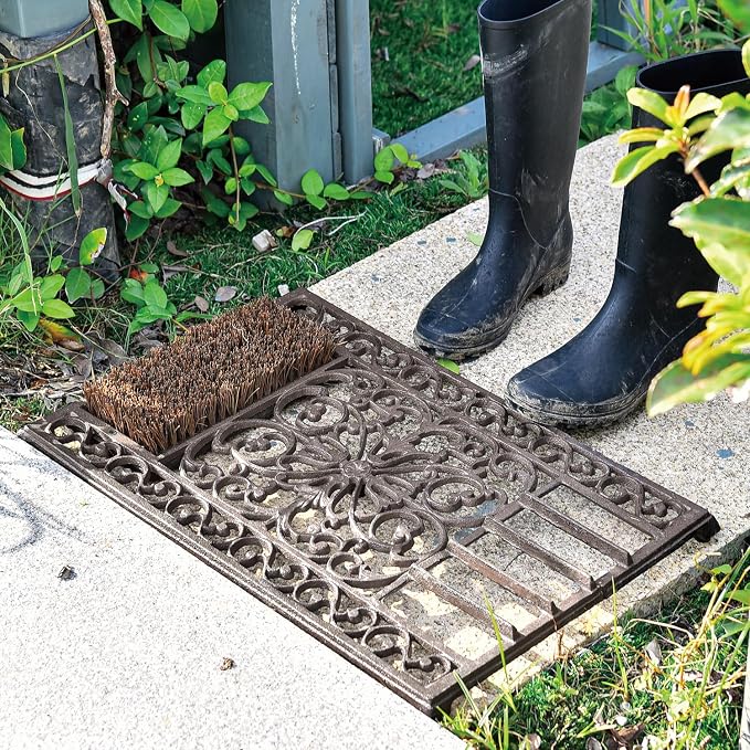 Sungmor Outdoor Cast Iron Doormat, Vintage Boot Scraper with Brushes, Rustic Brown Rectangle Shoe Scraper Mat, 22.8" Heavy Duty Decorative Shoe Cleaning Mat for Front Door, Entrance, Garden