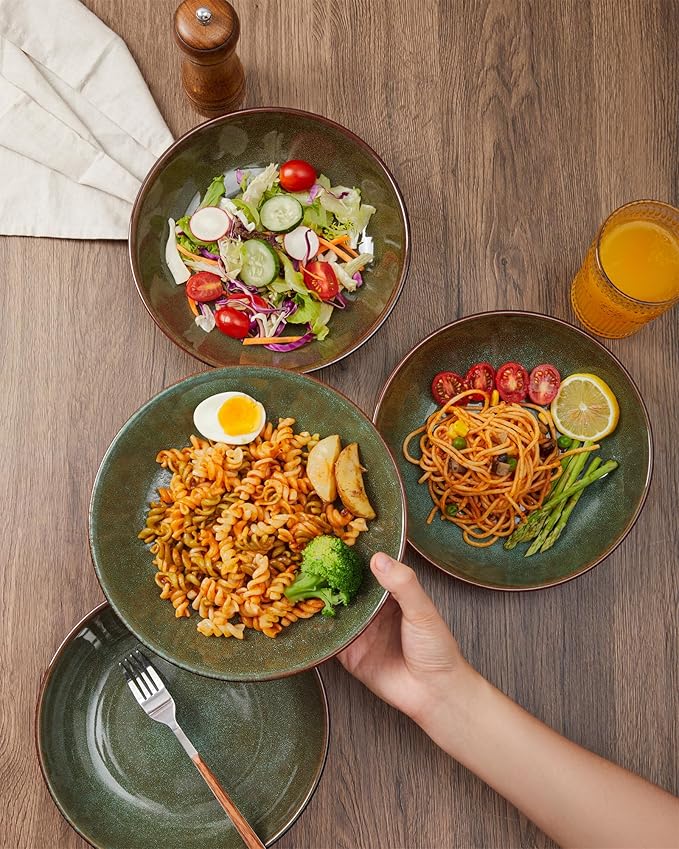 Pokini 12 Piece Dinnerware Sets with Pasta Bowls, Stain Resistant Dish Set, Easy Cleaning Dishes, Multi-Functional Plate and Bowl Set, Stack Compactly Plates, Service for 4 Sage Green