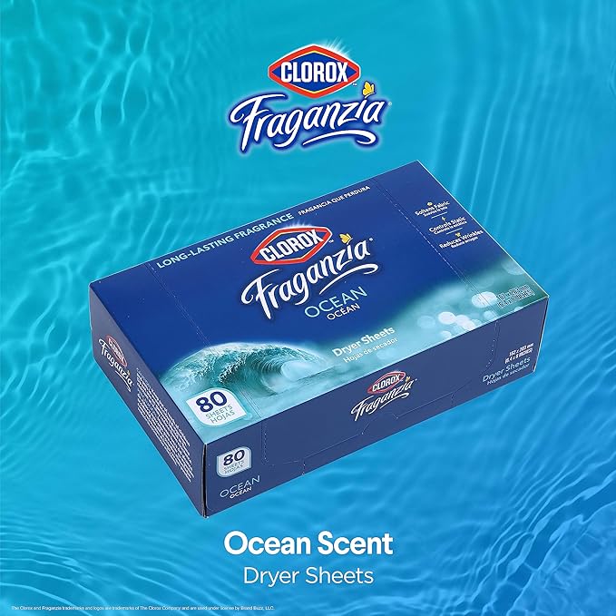 Clorox Fraganzia Fabric Softener Dryer Sheets Wrinkle Reducing Anti Static Laundry Dryer Sheets Great Smelling Clothes Softens Fabrics Fresh Ocean Scent 80 Count Single Box Home Dorm Laundry Room