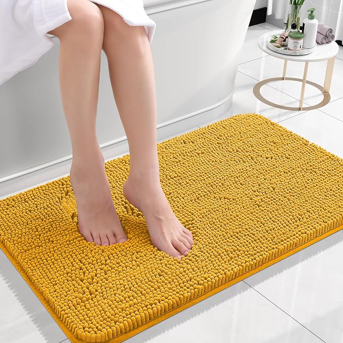 OLANLY Small Bathroom Rugs 24x16, Soft Absorbent Chenille Bath Rugs, Rubber Backing Quick Dry, Machine Washable Bath Mats for Bathroom Floor, Tub and Shower, Home Decor Accessories, Golden Yellow