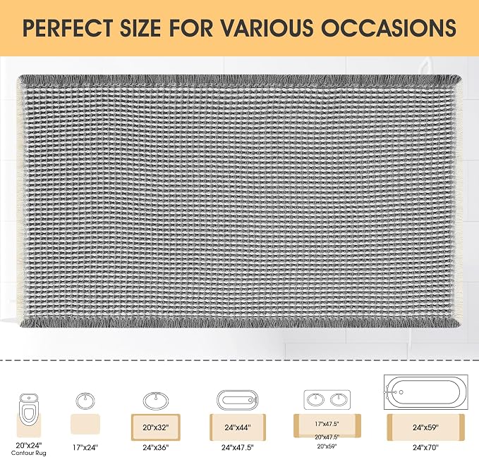 IM HOME Waffle Bath Mat Darkgrey & Cream 36"x24", Boho Woven Modern Bath Mat Rugs, Absorbent Non Slip Bathroom Rugs, Soft Washable Bath Rugs with Tassels for Bedroom, Kitchen, Shower, Tub