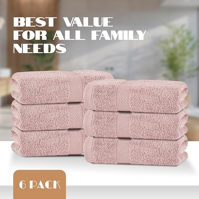 White Classic Pink Hand Towels for Bathroom [6 Pack] Cotton Hand Towel Bulk for Gym, Kitchen and Spa, 16x27 Inches Soft Highly Absorbent Quick Dry Terry Salon Towels