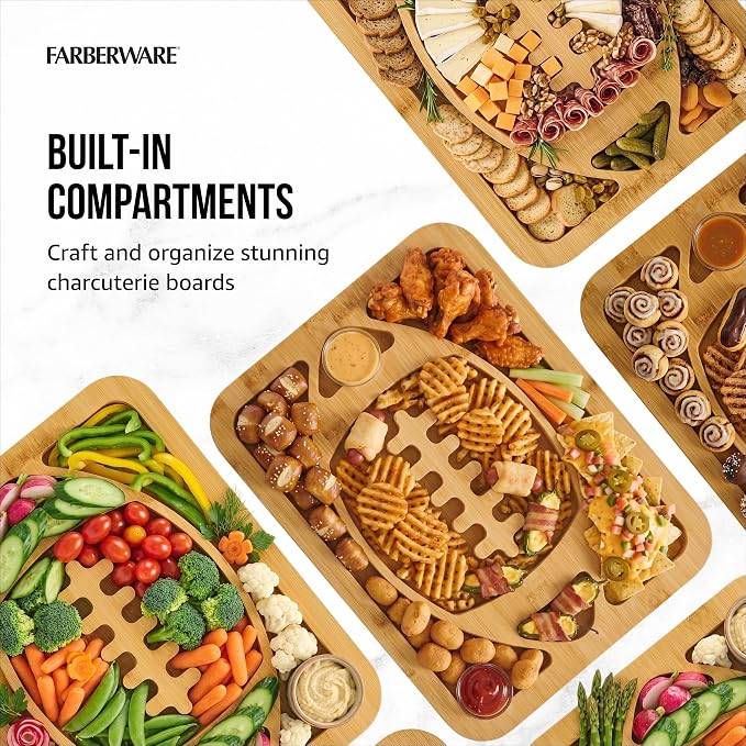 Farberware Build-A-Board Football Bamboo Charcuterie Board with Clear Locking Lid, Reversible Cutting & Serving Board, Recessed Handles, Portable Game Day Snack Tray, 11 x 14 Inch, Make It, Take It