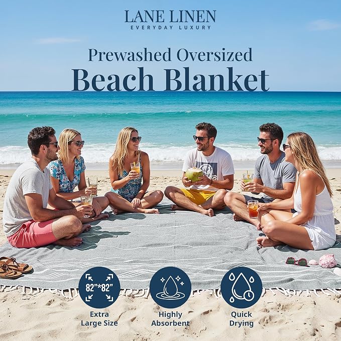 LANE LINEN Beach Blanket Sand Free, Picnic & Giant Beach Towel - Grey | Oversized Beach Towels, 82"x82" - Room For The Whole Family & Friends - Folds Compact, Easy To Carry - Roomy Family Size