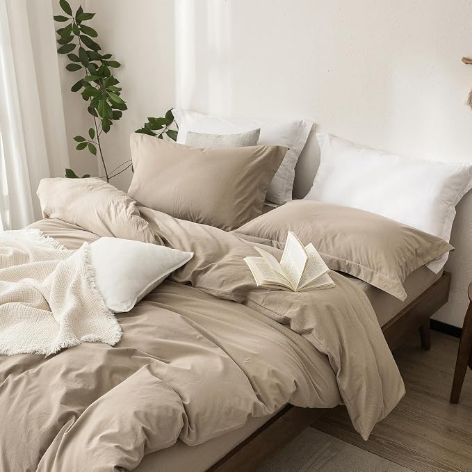 Linen Feel Duvet Cover Queen Size 90inch x 90inch,100% Washed Cotton Duvet Cover with Zipper Closure and 2 Pillowcases, Color of Mocha Brown