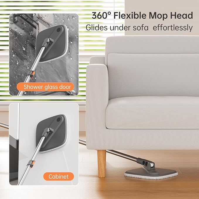 Spin Mop and Bucket Set with 2 Replaceable Microfiber Mop Pads with Self Separation Dirty and Clean Water System, Self Wringing 360° Rotating Square Mop Head for Hardwood Tile Marble Floors