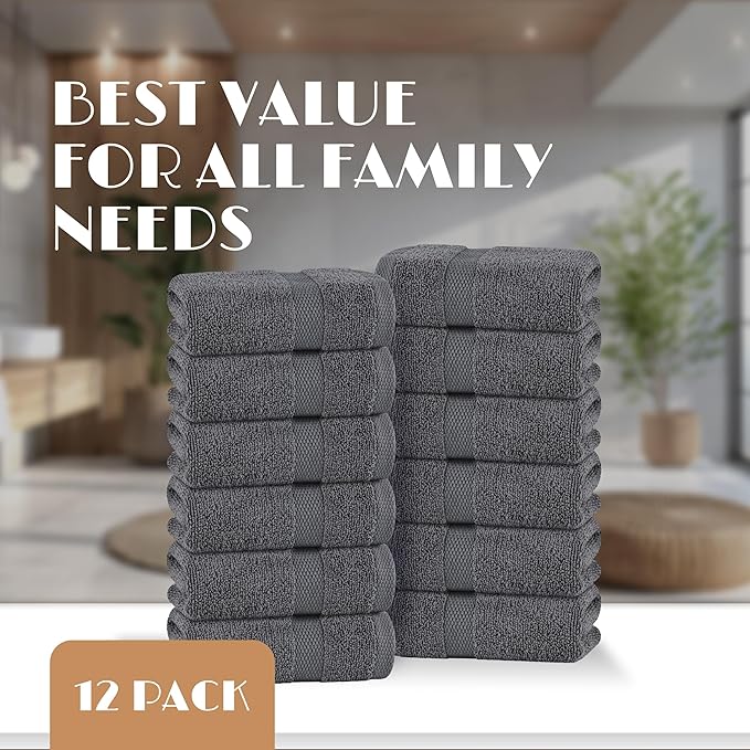 White Classic Dark Gray Washcloths Set for Body and Face Towel, Cotton Wash Cloths Bulk 12 Pack, Spa Fingertip Wash Clothes 12x12 Inch, Soft Absorbent Gym Towels