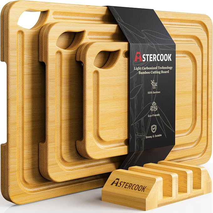 Astercook Nature Bamboo Cutting Boards for Kitchen with Wood Storage Stand, Reversible Charcuterie & Chopping Boards with Juice Grooves and Easy-Grip Handles
