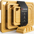 Astercook Nature Bamboo Cutting Boards for Kitchen with Wood Storage Stand, Reversible Charcuterie & Chopping Boards with Juice Grooves and Easy-Grip Handles