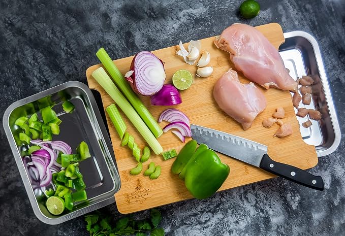 Bamboo Cutting Board by Ecozoi with 2 Slide Out Drawers. Keep Meal Prep Organized With Organic Bamboo Wooden Chopping Station. Non-Slip Butcher Block with Juice Groove for Easy Cleaning