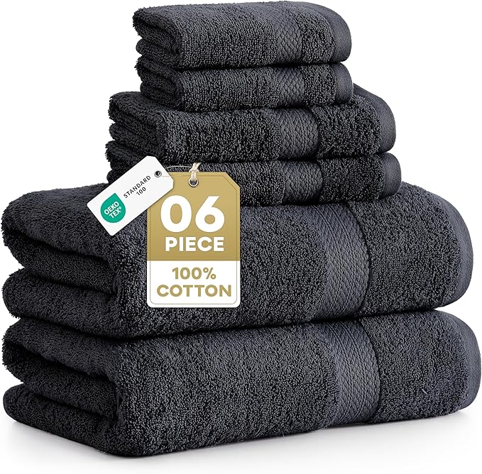 LANE LINEN Bathroom Towel Set 6 Piece Soft Absorbent Quick Dry - Black | Cotton Towel Set - Coordinated Colors, Dobby Border Accent, OEKO-TEX Certified, Ring-Spun Durability, Ring-Spun Cotton