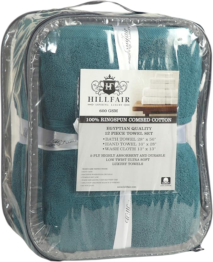 HILLFAIR Premium 600 GSM 6 Piece Set - 2 Bath Towels, 2 Hand Towels & 2 Washcloths - Teal Cotton, Machine Washable, Hotel Quality, Super Soft & Highly Absorbent