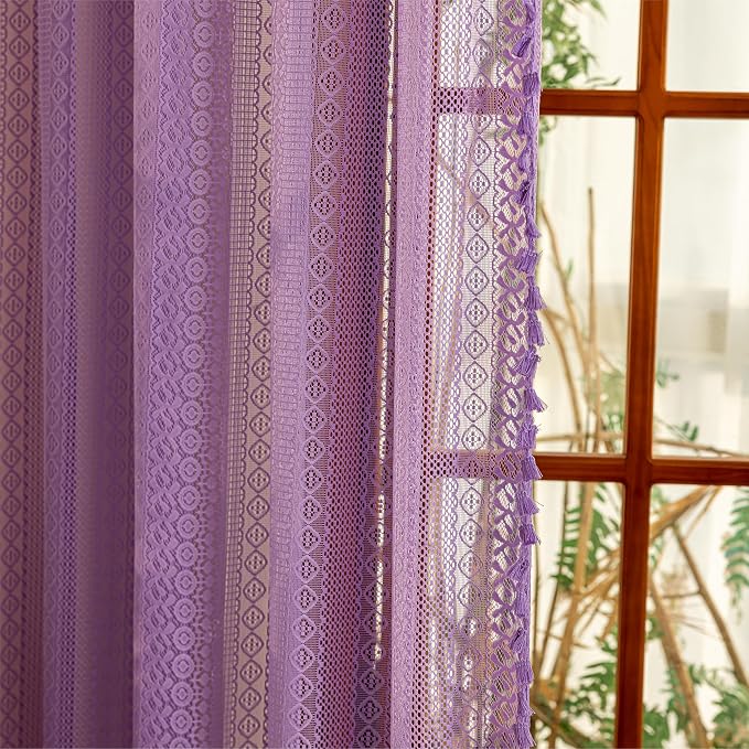 Sutuo Home Boho Curtains 2 Panels, Purple Lace Curtains for Kitchen Kid's Room Semi Sheer Crochet Vintage Country Rustic Tassels Bohemian Drape Privacy Window Treatments Rod Pocket, 50" x 63" Lavendar