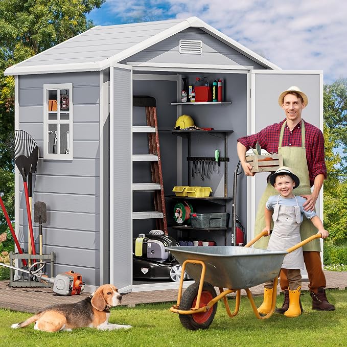 DWVO 6x4.4 FT Resin Storage Shed with Reinforced Floor, Outdoor Storage Shed with Lockable Door, Window and Vents, Waterproof Plastic Tool Shed for Garden, Backyard, Patio, Lawn
