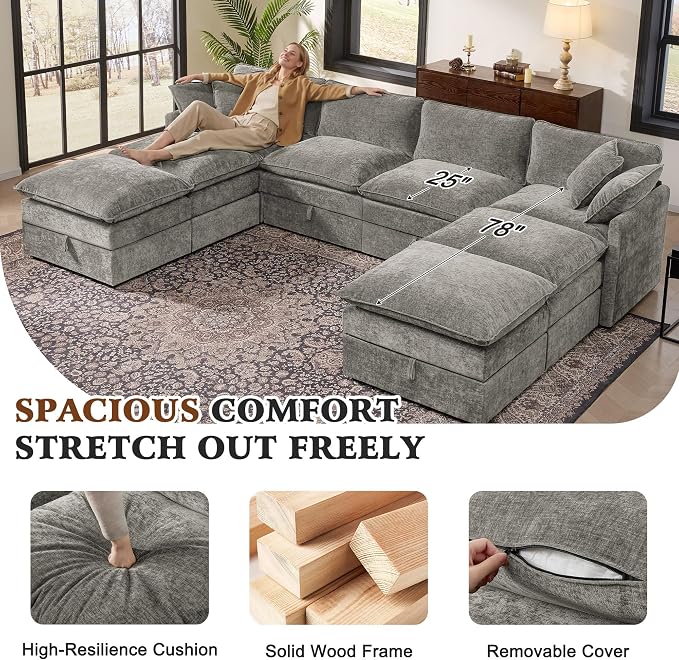Ihanherry 135” Oversized Sectional Sofa Bed with Storage, 8-Seater Modular Cloud Couch with Movable Ottomans, Chenille Deep Seat Sleeper Couches for Living Room (Grey)