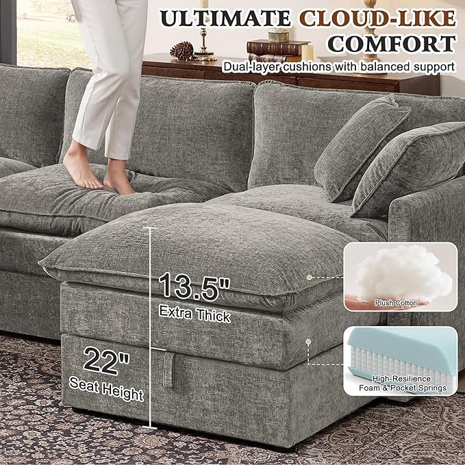 Ihanherry 135” Modular Sectional Sofa with Storage, U Shaped Cloud Couch with Movable Ottomans & 4 Pillows, Chenille Deep Seat Sectional Couches for Living Room, Apartment (Grey)