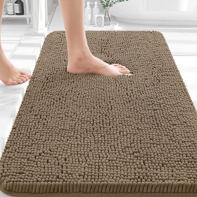 OLANLY Bathroom Rugs 30x18, Extra Soft Absorbent Chenille Bath Rugs, Rubber Backing Quick Dry, Machine Washable Bath Mats for Bathroom Floor, Tub and Shower, Home Decor Accessories, Tan