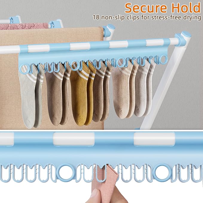 Drying Rack Clothing,35.43in Long Drying Poles Large Clothes Drying Rack | Foldable Portable Laundry Drying Rack with Sock Clips for Air Drying Clothing,Towels,Delicate Eac,Indoor Outdoor Use.Blue