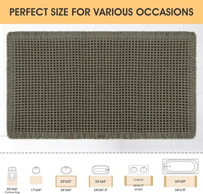 IM HOME Waffle Bath Mat Olive Green 24"x17", Boho Woven Modern Bath Mat Rugs, Absorbent Non Slip Bathroom Rugs, Soft Washable Bath Rugs with Tassels for Bathroom, Bedroom, Kitchen, Shower, Tub