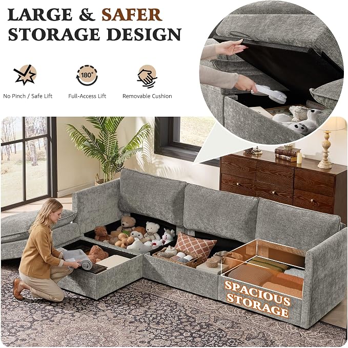 Ihanherry 103" Modular Sectional Sofa with Storage, L Shaped Cloud Couch with Movable Ottomans & Throw Pillows, Chenille Deep Seat Sectional Couches for Living Room, Apartment (Grey)