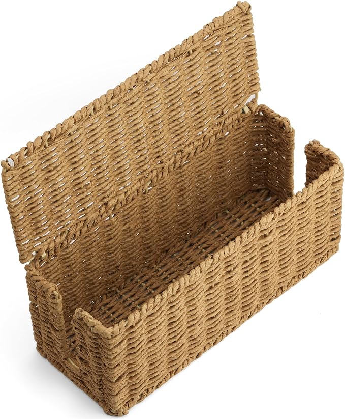 Handwoven Natural Raffia Cable Management Box with Lid – Decorative Cord Organizer for Power Strips, Surge Protectors & Charging Cables – Woven Storage Basket for Home & Office (Natural Raffia)