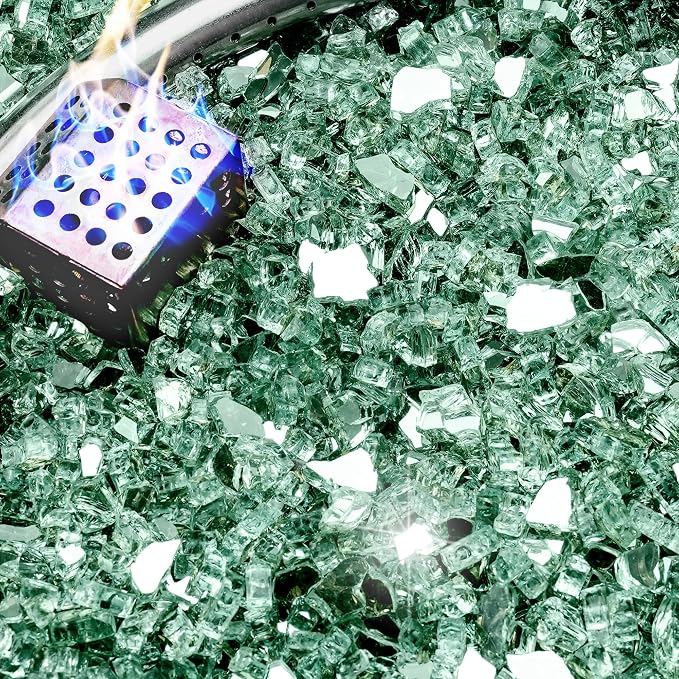 NUPICK 20 Pound Fire Glass, 1/4 Inch Reflective Fire Pit Glass | Tempered Fire Pit Rocks for Propane or Natural Gas, Glass Rocks for Fire Pit Table, Fireplace, Fire Bowl, Landscaping, Green