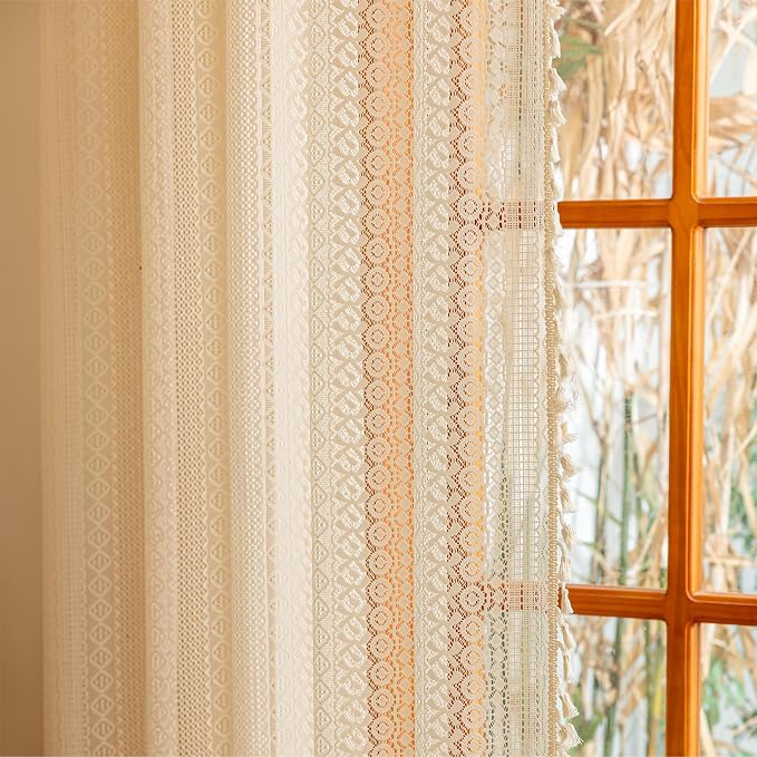 Sutuo Home Beige Boho Vintage Lace Curtains 108 inches Long for Dining Room Living Room, Rustic Semi Sheer Curtains Farmhouse Privacy Crochet Tassels Victorian Style Rod Pocket Decor, 2 Panels 50" W