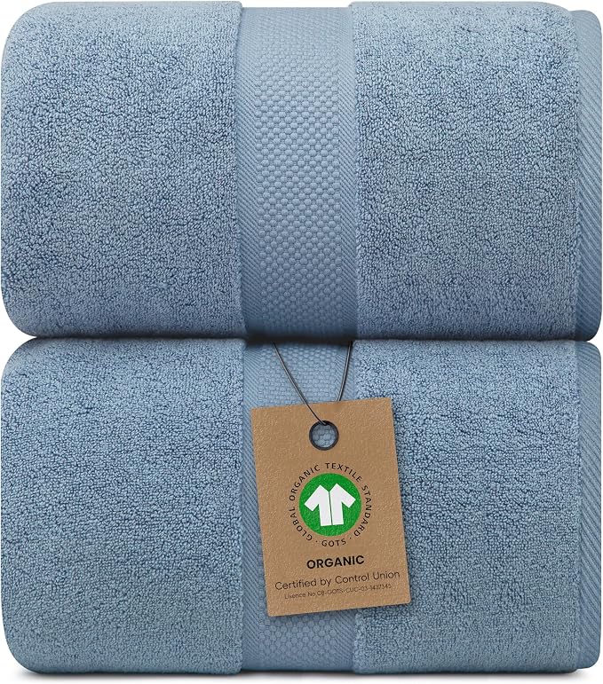 Alusa Home 100% Organic Luxury Bath Sheets - GOTS Certified - Extra Large 35x70 Inches (Pack of 2) Zero-Twist, Long-Staple Cotton Bath Sheet Set (Chambray)
