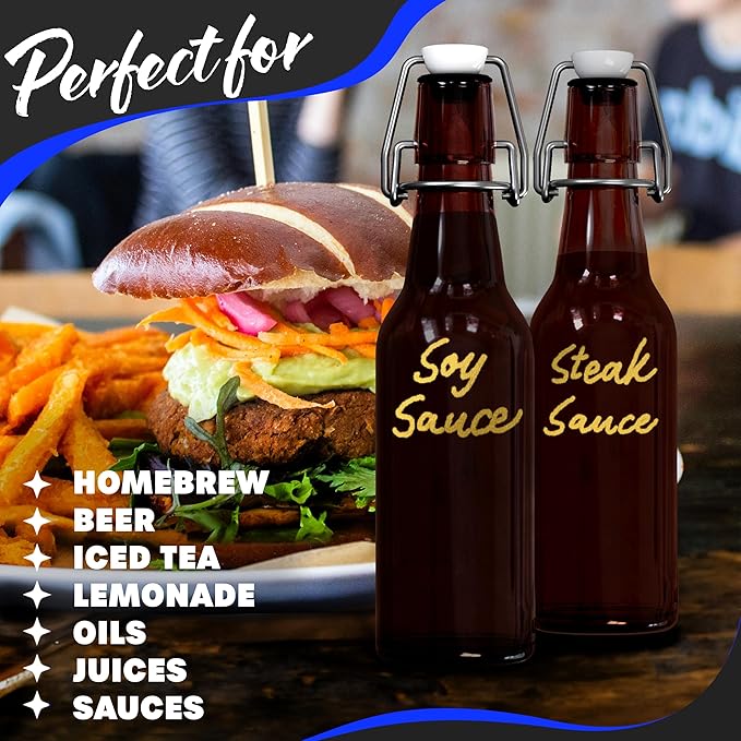 Nevlers 8.5 Oz Amber Swing Top Glass Bottles with Airtight Lid | Beer Bottle with Stopper 18 Pack w/Funnel, Brush & Marker | Reusable Flip Top Glass Bottle Set | Homemade Vanilla Extract Bottles