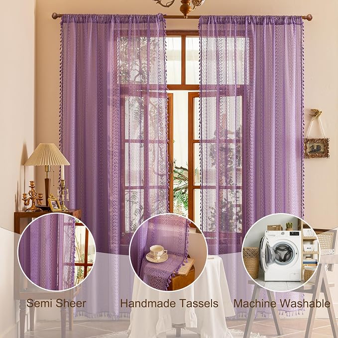 Sutuo Home Boho Curtains 2 Panels, Purple Lace Curtains for Kitchen Kid's Room Semi Sheer Crochet Vintage Country Rustic Tassels Bohemian Drape Privacy Window Treatments Rod Pocket, 50" x 63" Lavendar