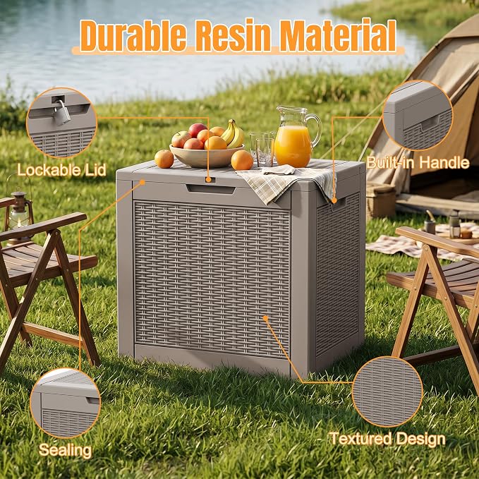 Outdoor Storage Box, 38 Gallon Waterproof Resin Patio Deck Box | UV Resistant Lockable Package Delivery Bin, Toy Cabinet, Shoe & Garden Tools Storage, Ottoman, Indoor/Outdoor