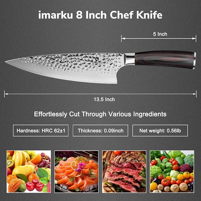 imarku 8 Inch Hammered Japanese Chef Knife,Powder Steel Edge Kitchen Knife | Forged from Japanese HC Stainless Steel,Anti-Stick Blade,Exceptional Hardness of 62±1 HRC,Ideal for Professional Knife Gift