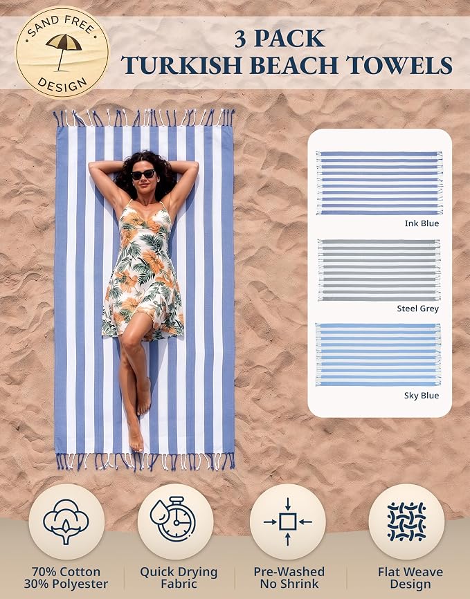 LANE LINEN 3 Pack Oversized Beach Towels, 39"x71", Quick Dry - Ocean Depth | Classic Cabana Stripe - Soft Pre-Washed Cotton Blend - Lightweight & Packable - Great For Pool, Swim & Travel - Pool Day