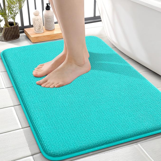 OLANLY Thick Memory Foam Small Bathroom Rug 24x16, Absorbent Bath Mat, Teal | Soft Quick Dry Bath Mat Rugs, Non-Slip, Machine Washable Mat for Bathroom Floor, Tub and Shower, Home Decor Accessories