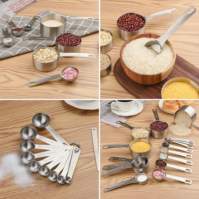 Measuring Cups and Spoons Set, 18/8 Metric & US Stainless Steel 8 Measuring Cups & 9 Spoons with 1 Leveler & 1 Measurement Conversion Chart for Baking & Kitchen