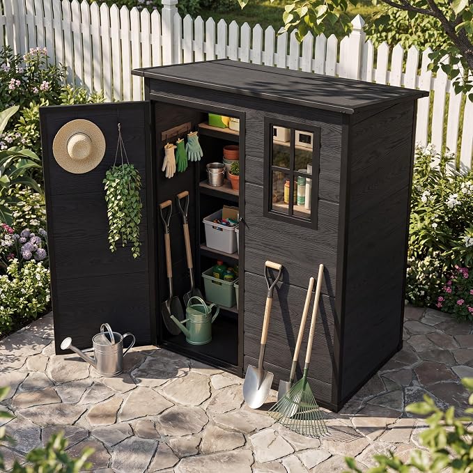DWVO 5x3 FT Outdoor Storage Shed with Reinforced Floor, All-Weather Resin Storage Shed with Lockable Door & Window, Waterproof Garden Tool Shed for Backyard, Patio, Lawn