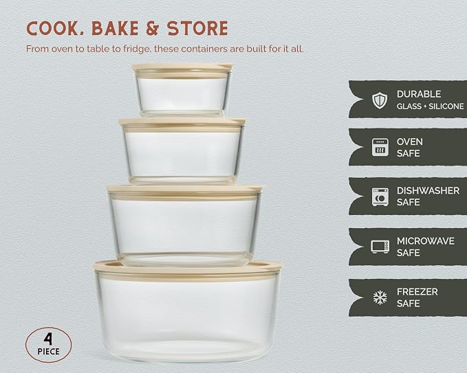 Non-Toxic Glass Storage Container Set, Borosilicate Glass, Tempered Glass Lids, Baking Pan, Airtight with Vents, Microwave, Oven & Dishwasher Safe (Circular, Set of 4)