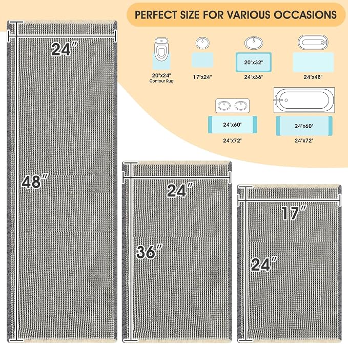 IM HOME Waffle Bath Mat Set 3 Piece Grey & Beige,Woven Modern Bath Rug Mats, Absorbent Non Slip Bath Floor Mat, Soft Washable Boho Bath Rugs with Tassels for Bathroom, Bedroom, Kitchen, Tub