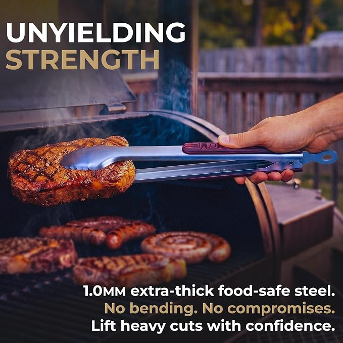 17-Inch Metal Tongs for Grilling - Kitchen Tongs for Cooking | Heavy duty 1.0mm stainless steel, food-safe, Pakkawood handles. BBQ accessories, grill accessories & metal kitchen utensils.