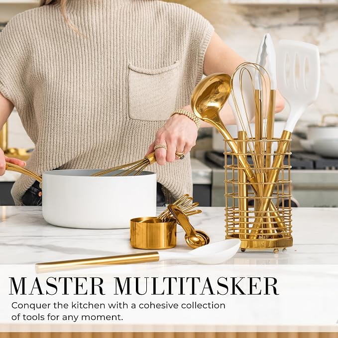 Styled Settings White and Gold Cooking Utensils Set with Holder - 15-Piece Silicone Cooking Tools with Utensil Holder, Measuring Cups, and Spoons - Elegant White and Gold Kitchen Accessories