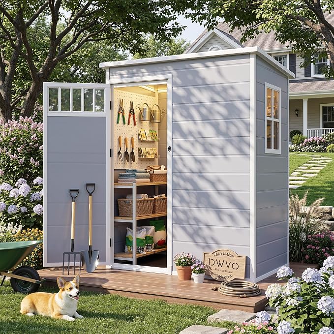 DWVO 5x3FT Outdoor Storage Shed with Fence-Style and Side Windows, Floor & Lockable Doors, Resin Storage Shed for Backyard and Garden, Gray