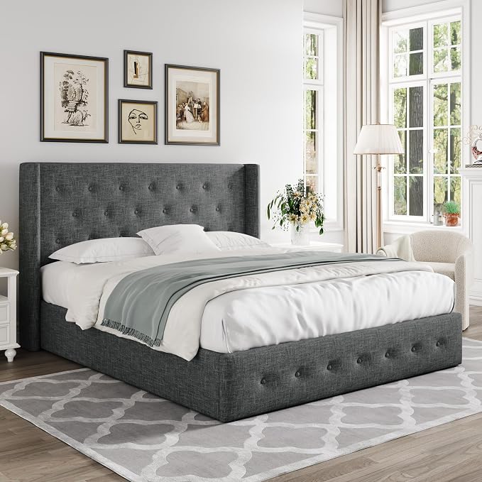 Allewie Queen Size Lift Up Storage Button-Tufted Bed Frame Dark Grey | Modern Wingback Headboard, Hydraulic Support Storage, No Box Spring Needed