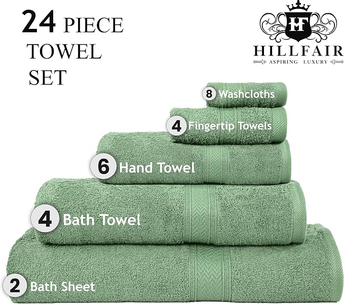 HILLFAIR - 100% Cotton 24 Piece Bath Towels Set for Bathroom- 24 PC Bulk Pack - Quick Dry Absorbent Hotel Spa Towel Set- 2 XXL Oversized Sheets, 4 Bath, 6 Hand, 4 Fingertip Towels, 8 Washcloths: Sage