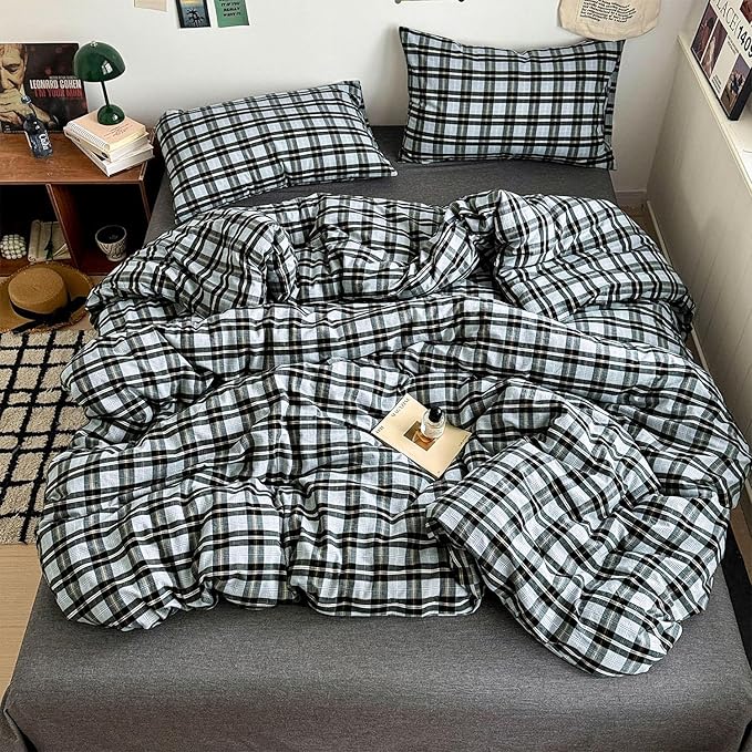 mixinni Vintage Grey & Pale Blue Buffalo Plaid Duvet Cover Set King Size - 3 Piece Washed Cotton Bedding Set with Grid Pattern, Soft & Breathable Duvet Cover with Pillowcases for Boys, Men& Women
