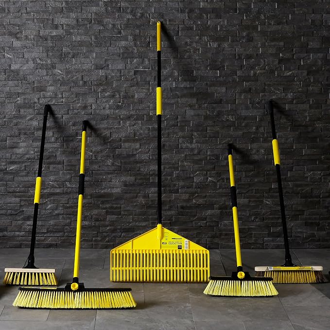 CHARLES BENTLEY Bulldozer Heavy Duty Dustpan and Brush Set with Stiff, Soft PVC Bristles, Serrated Edges, Front Scraper, Rubber Lip, Suitable for Garden and Indoor Use, Black and Yellow (44x28.5cm)