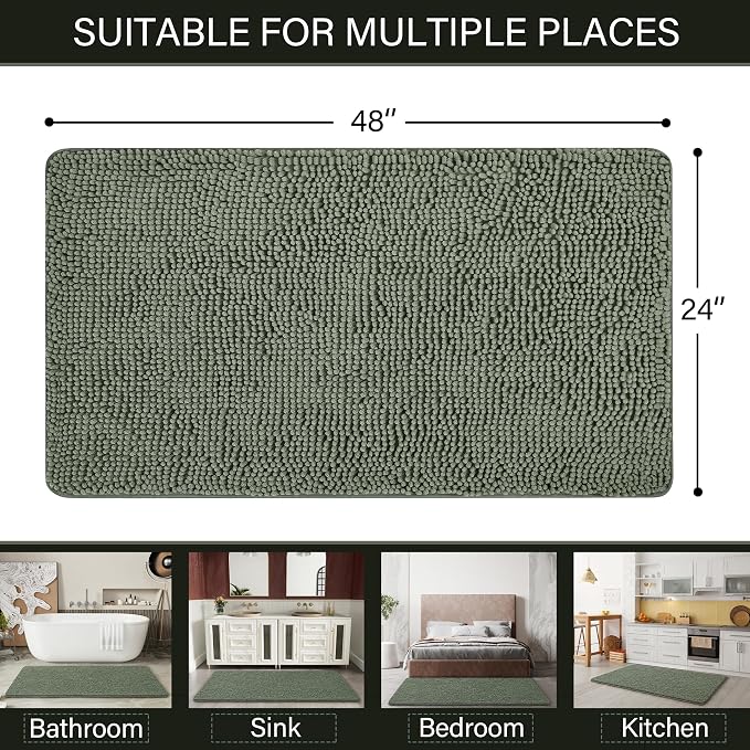 LOCHAS Luxury Bathroom Rug Shaggy Bath Mat 24 x 48 Inch, Sage Green | Washable Non Slip Bath Rugs for Bathroom Shower, Soft Plush Chenille Absorbent Carpets