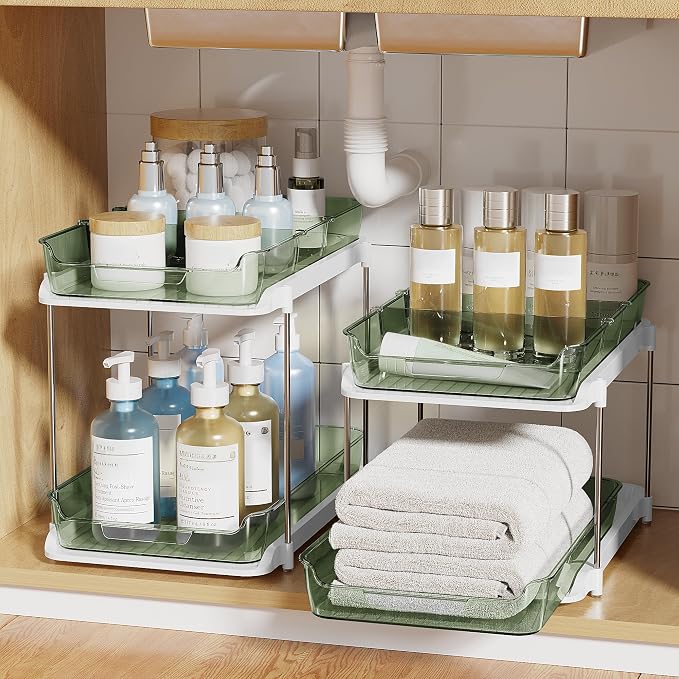 Delamu 2-Tier Multi-Purpose Bathroom Under Sink Organizers and Storage, Stackable Kitchen Pantry Organization, Pull Out Medicine Cabinet Organizer with Movable Dividers, Light Green, 2 Pack