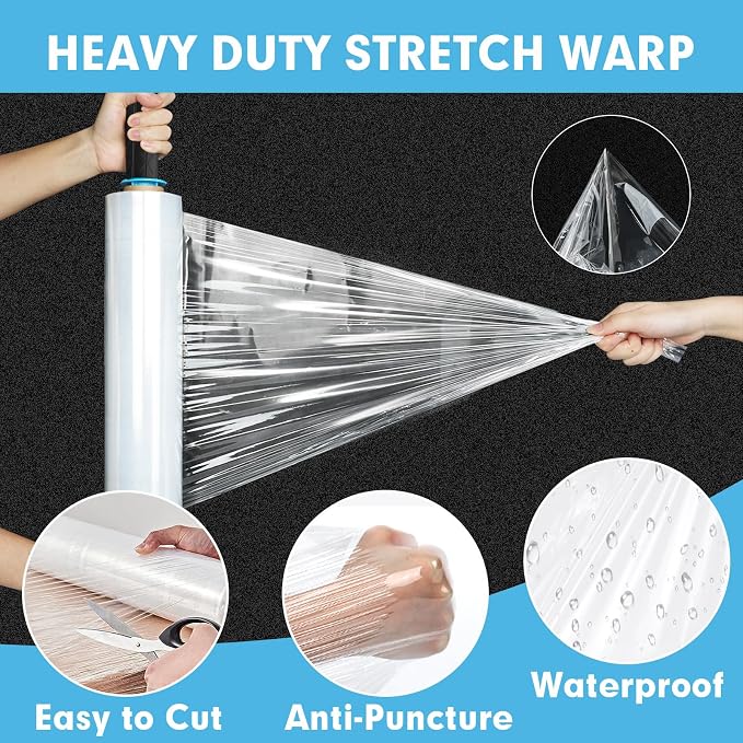 Stretch Film, PANDRI 4 Rolls Stretch Wrap with Handles Industrial Strength, Clear Shrink Wrap, Plastic Wrap for Moving Pallet Wrap, 15" x 1200 Ft Per Roll, 60 Ga, 2 Handles